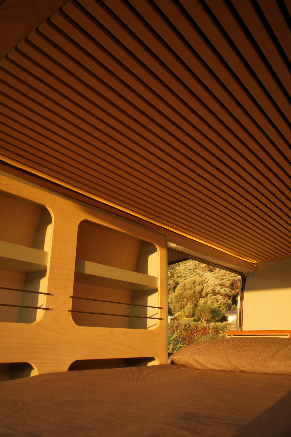 Cam Made Camper Van Conversion Wardrobe Module at Sunset