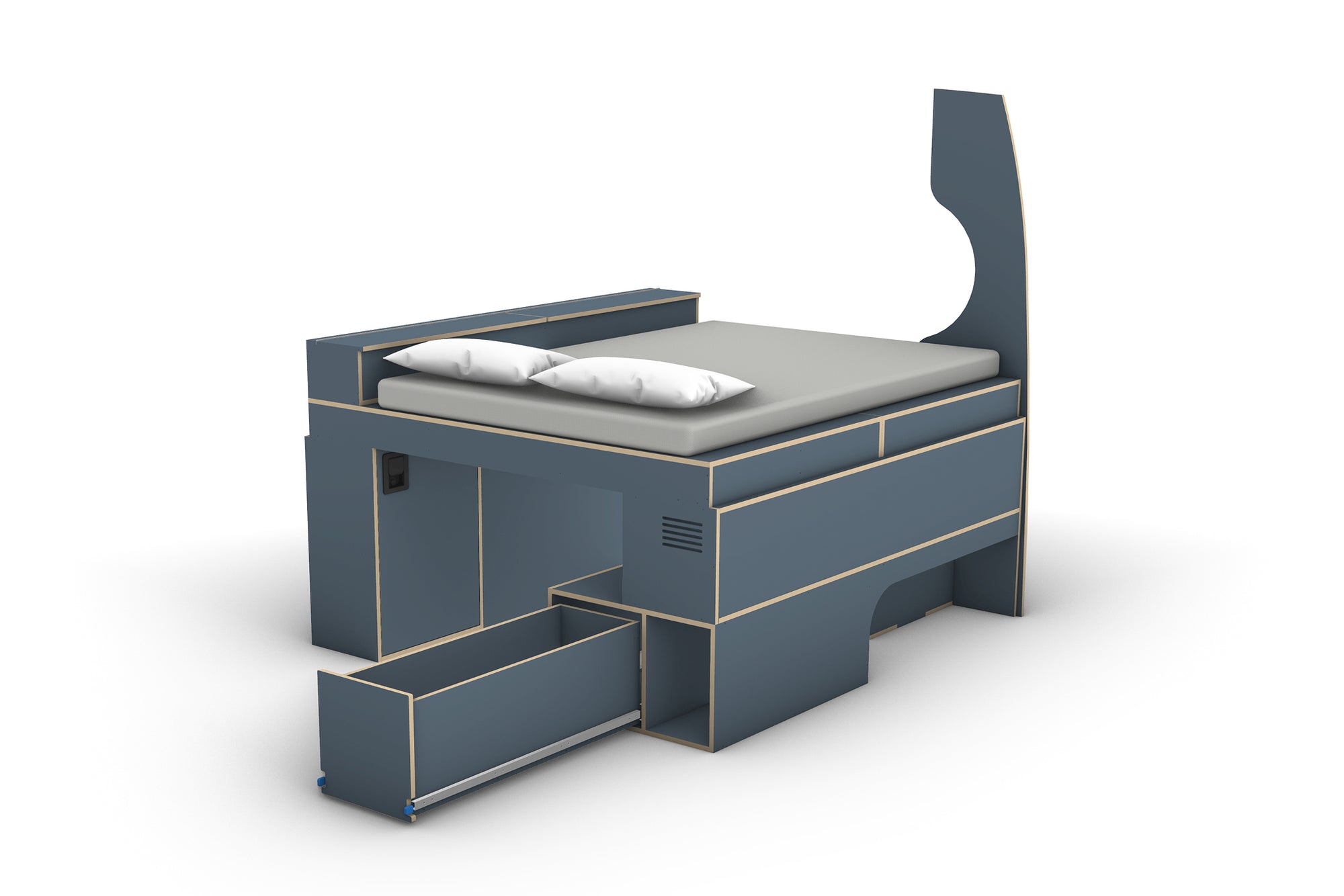 3D CAD model of Mercedes Sprinter LWB camper layout for DIY conversion - bed and storage module