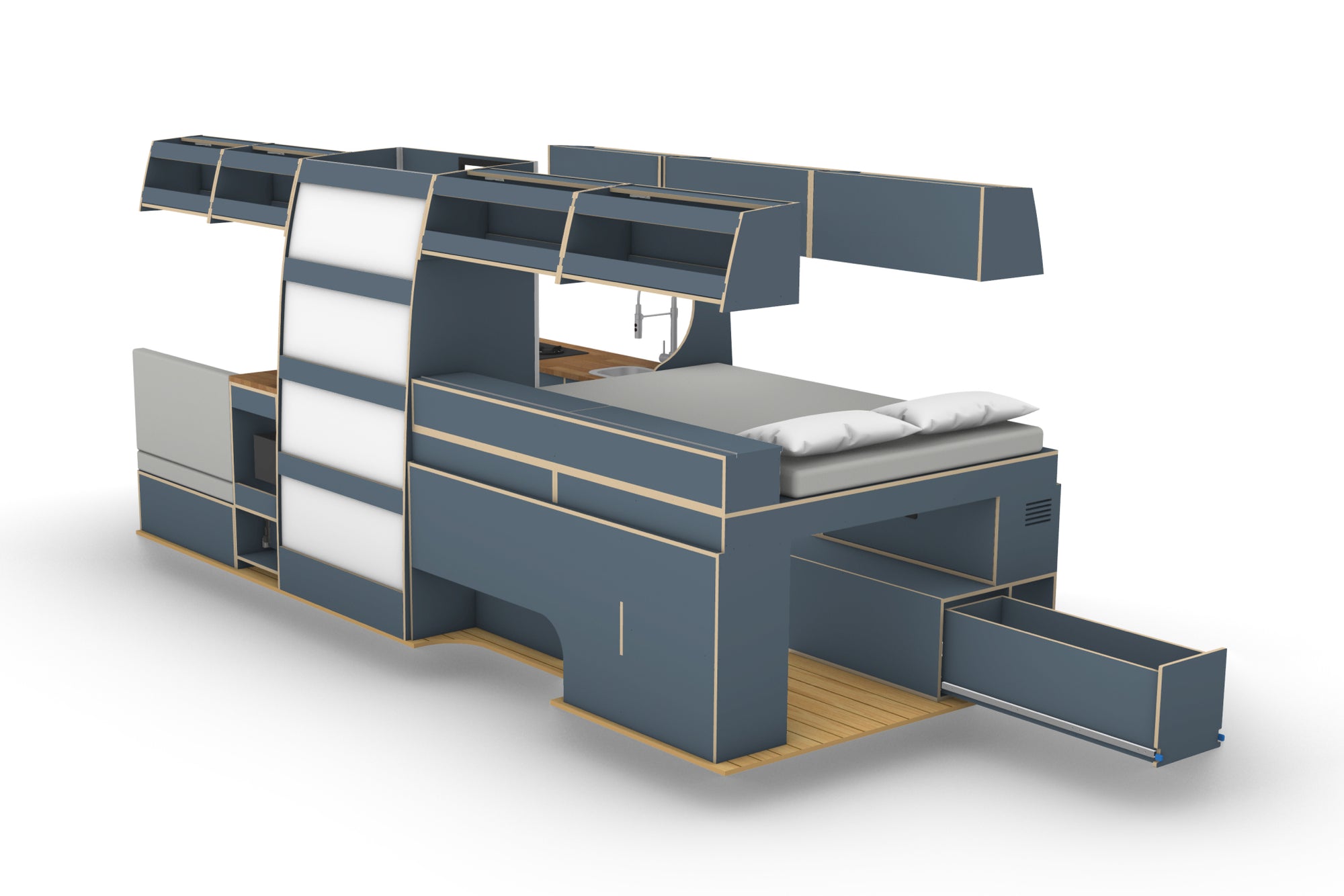 3D CAD model of Mercedes Sprinter LWB camper layout for DIY conversion