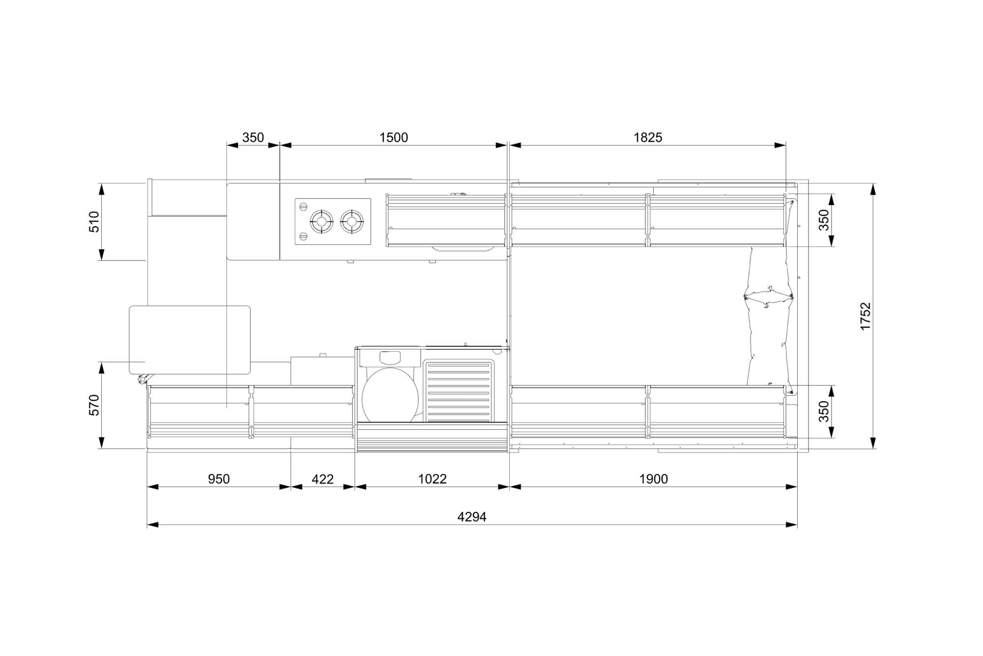 Mercedes Sprinter LWB camper layout for DIY conversion - technical drawings with measurements