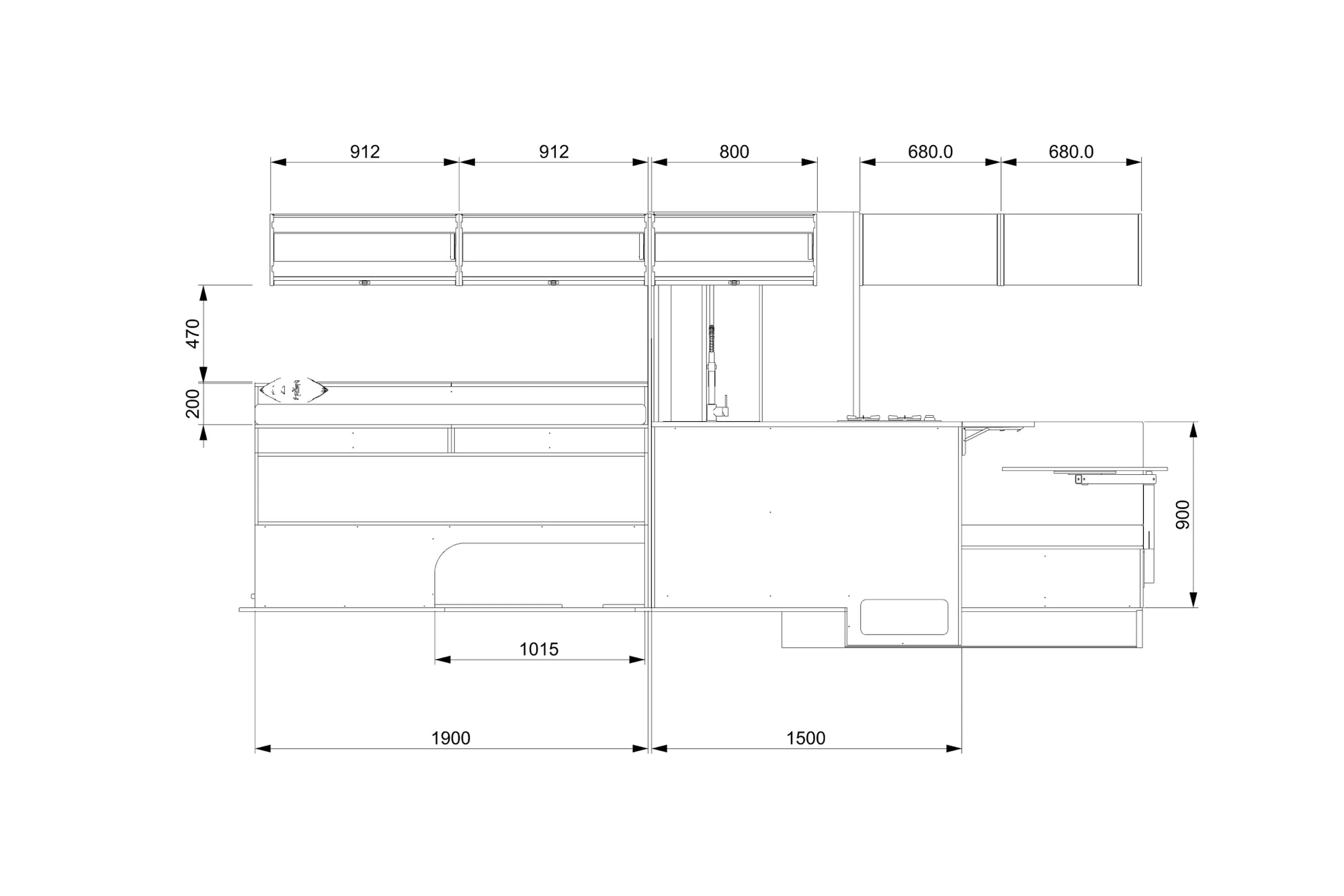 Mercedes Sprinter LWB camper layout for DIY conversion - technical drawings with measurements