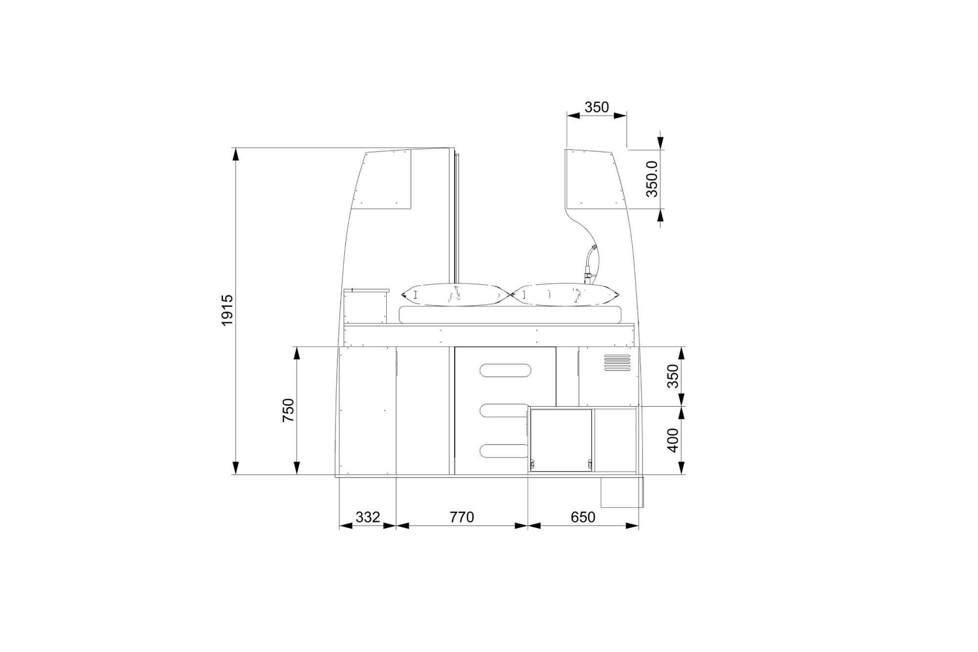 Mercedes Sprinter LWB camper layout for DIY conversion - technical drawings with measurements
