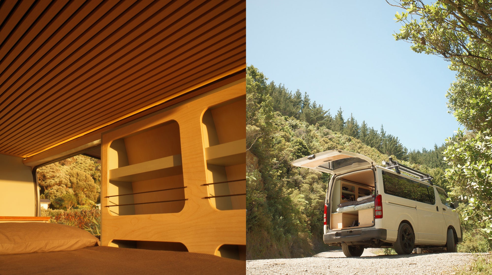 Split image showing a yellow interior of a van and an exterior view of a van with an open back door on a road.