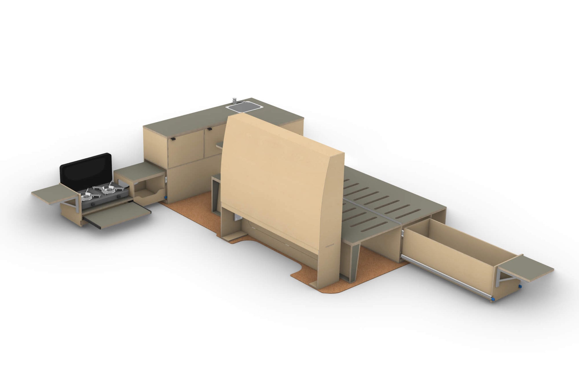 Van Conversion Bundle - Kitchen, Wardrobe, Couch / Bed render.