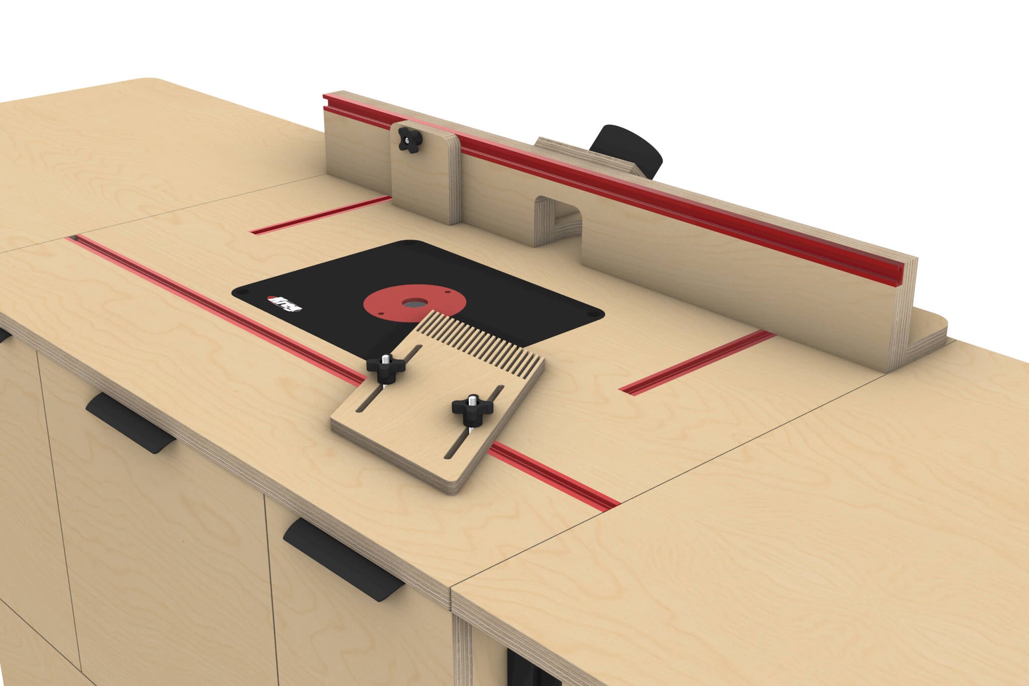Close up top view of render for Router Trolley plans by Cam Made.